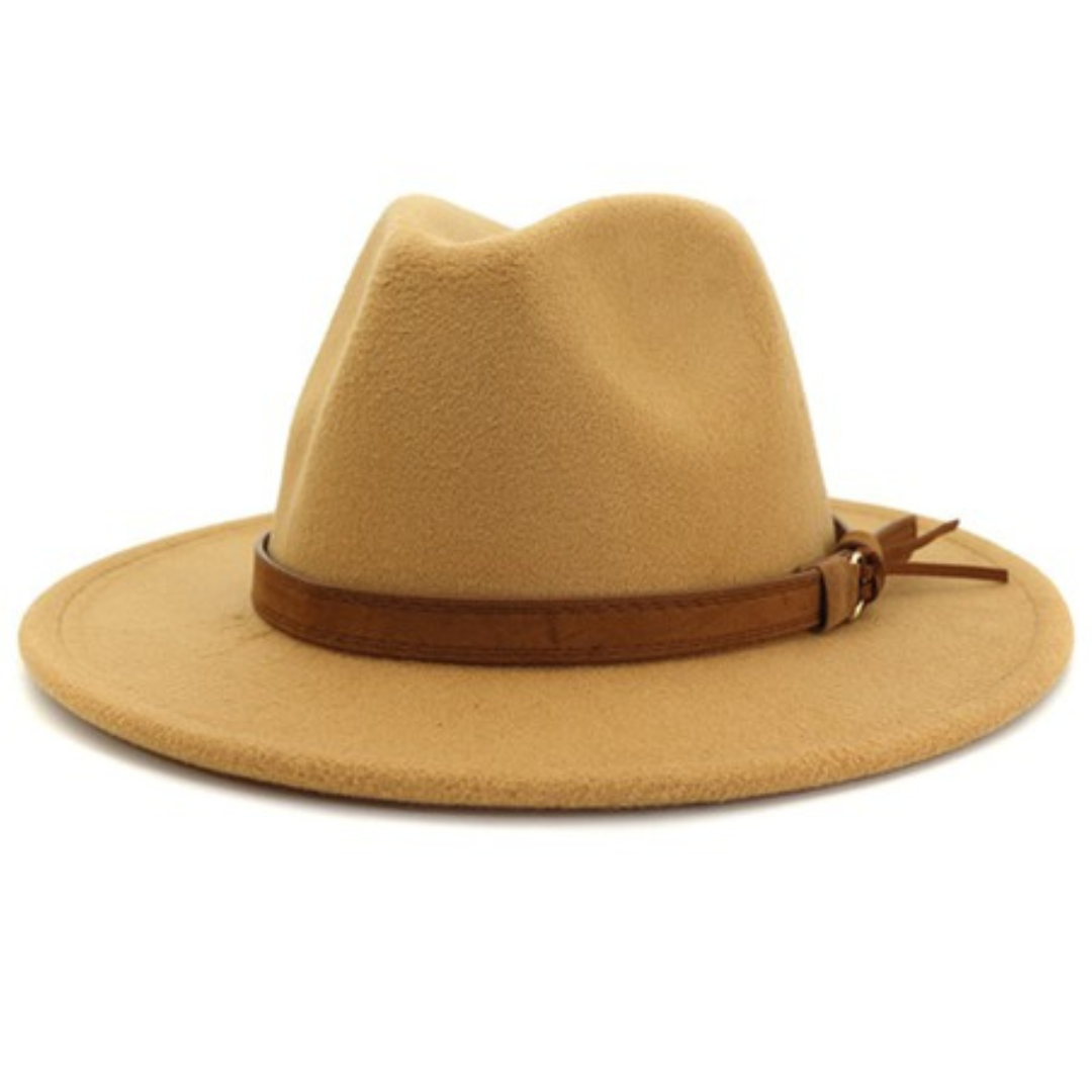Khaki Flat Brim Fedora Hat with Camel Belt for Women Personally She