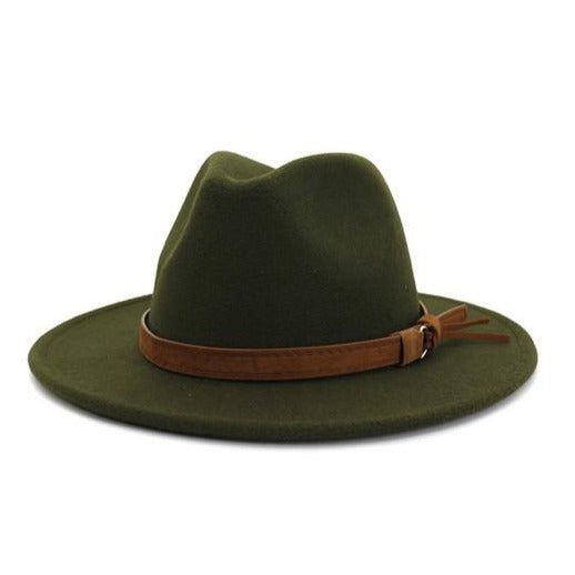 olive flat brim fedora hat with camel belt