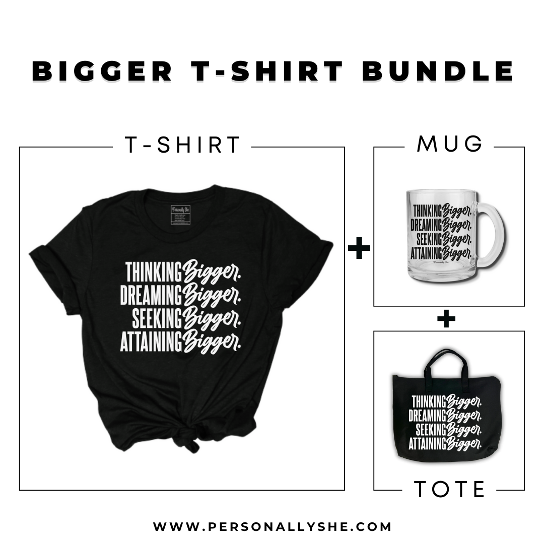Thinking Bigger t-shirt, clear mug, and zippered tote bag bundle