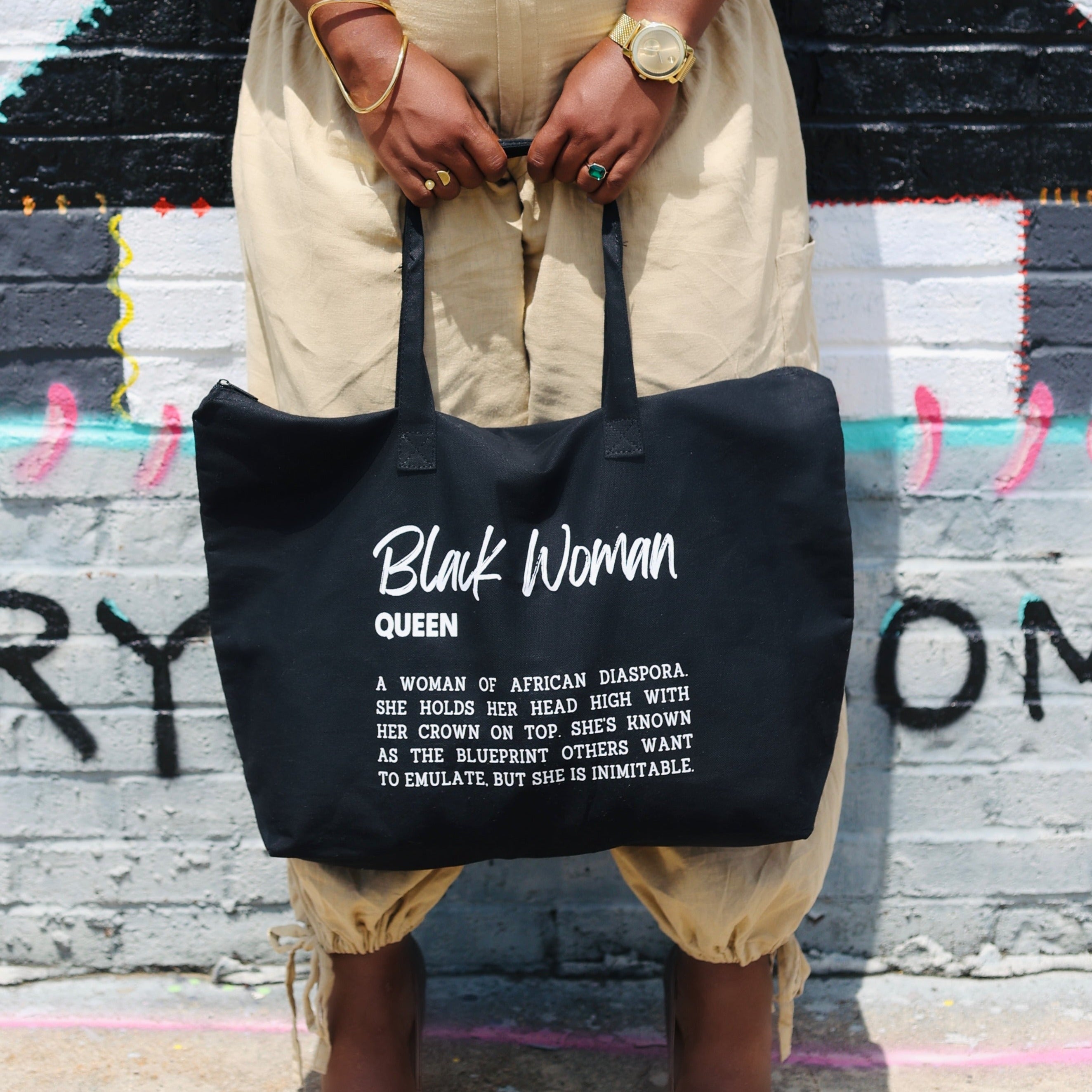 Black Woman Defined Canvas Tote with Zipper