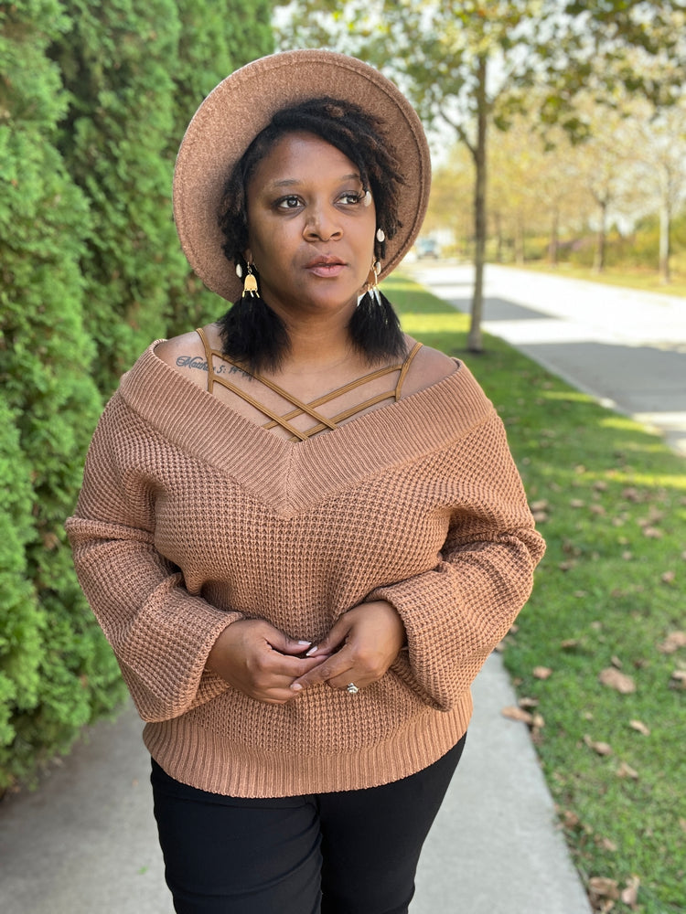 camel waffle off the shoulder sweater