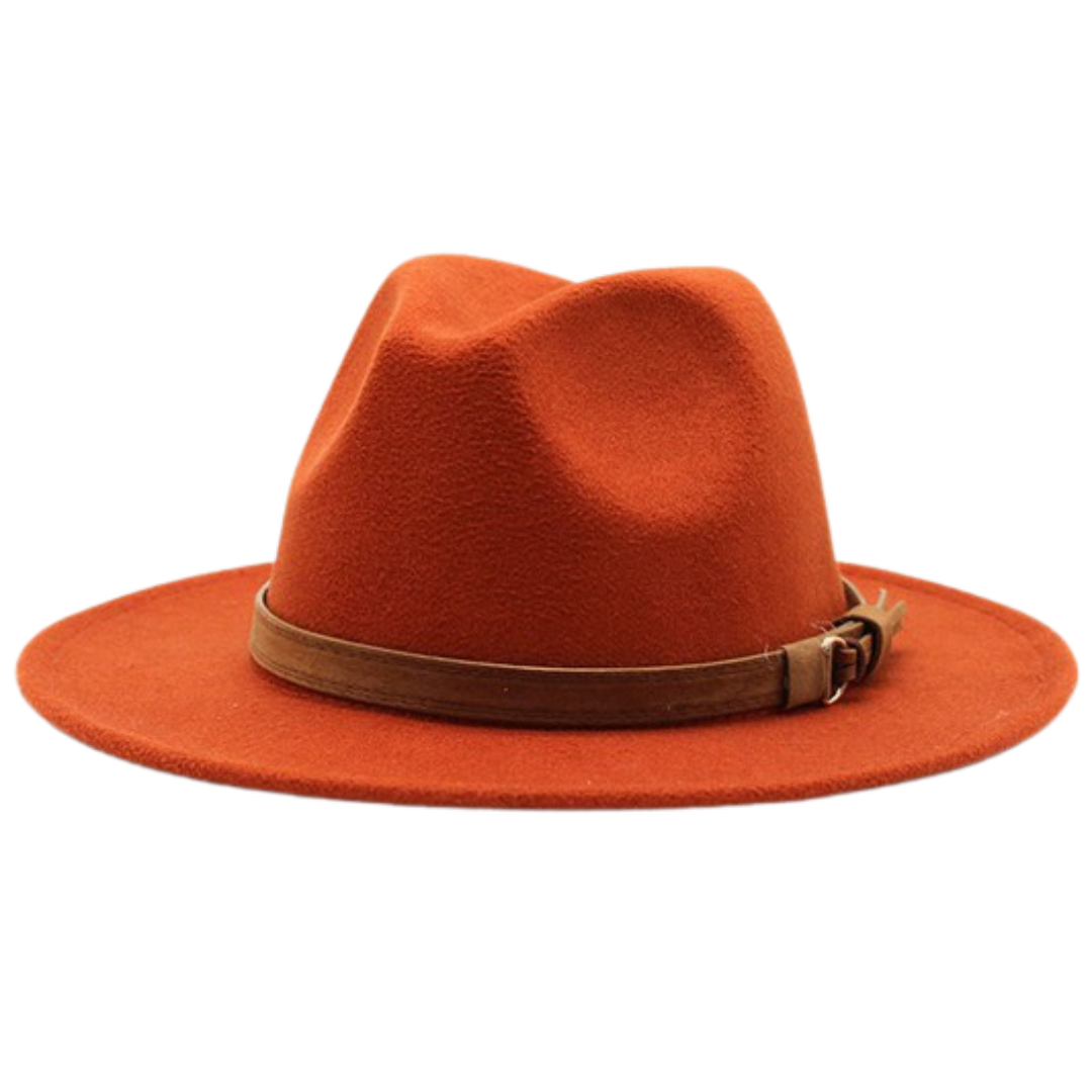 orange fedora hat with camel belt