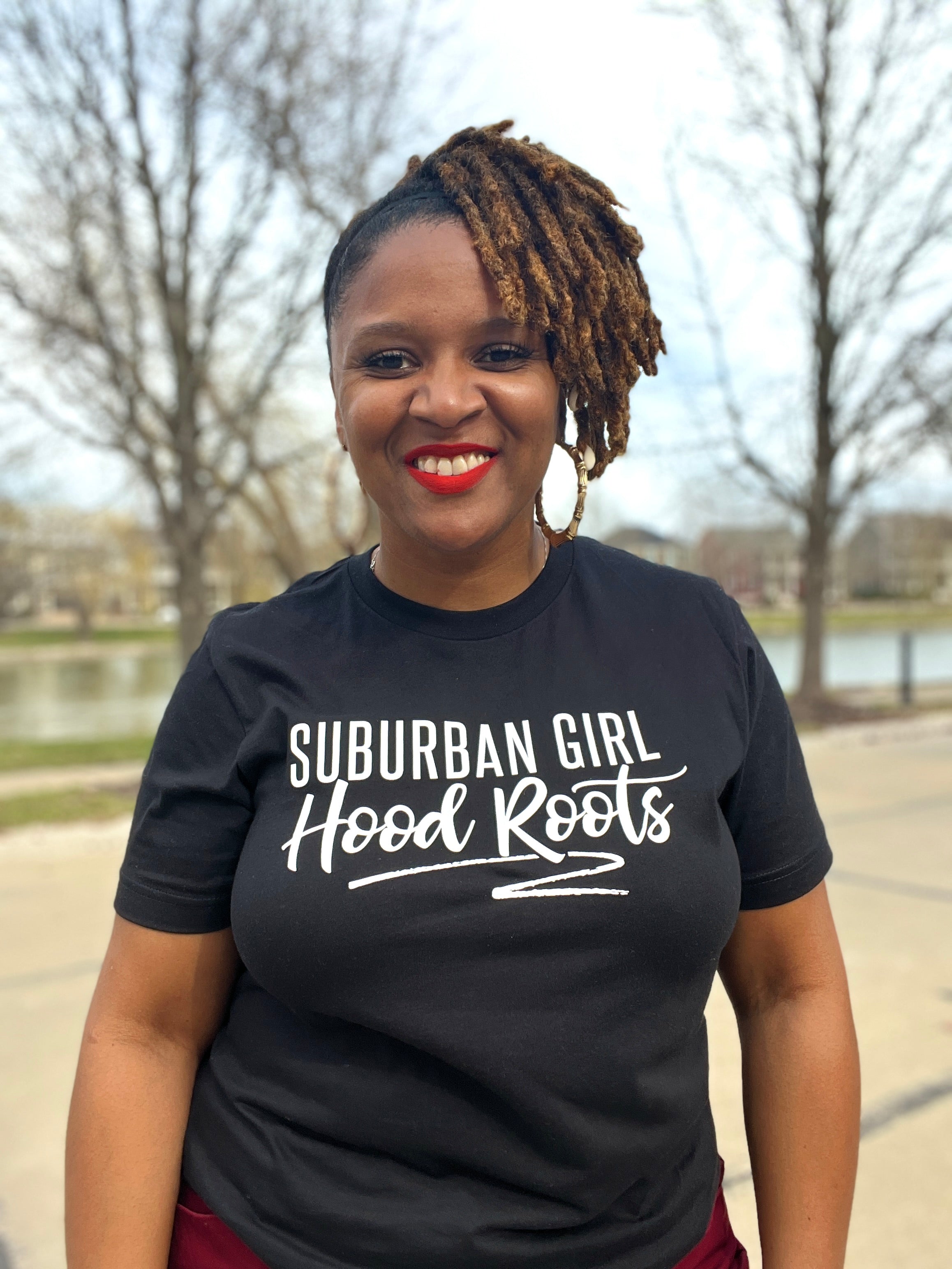Suburban Girl Hood Roots black t-shirt model